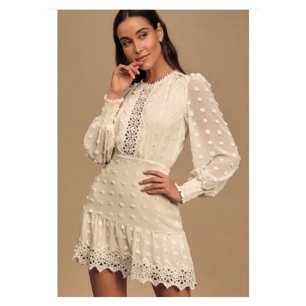 Lulus Lust or Love Embroidered Crochet Lace Sheer Mini Boho Dress Cream Size S
